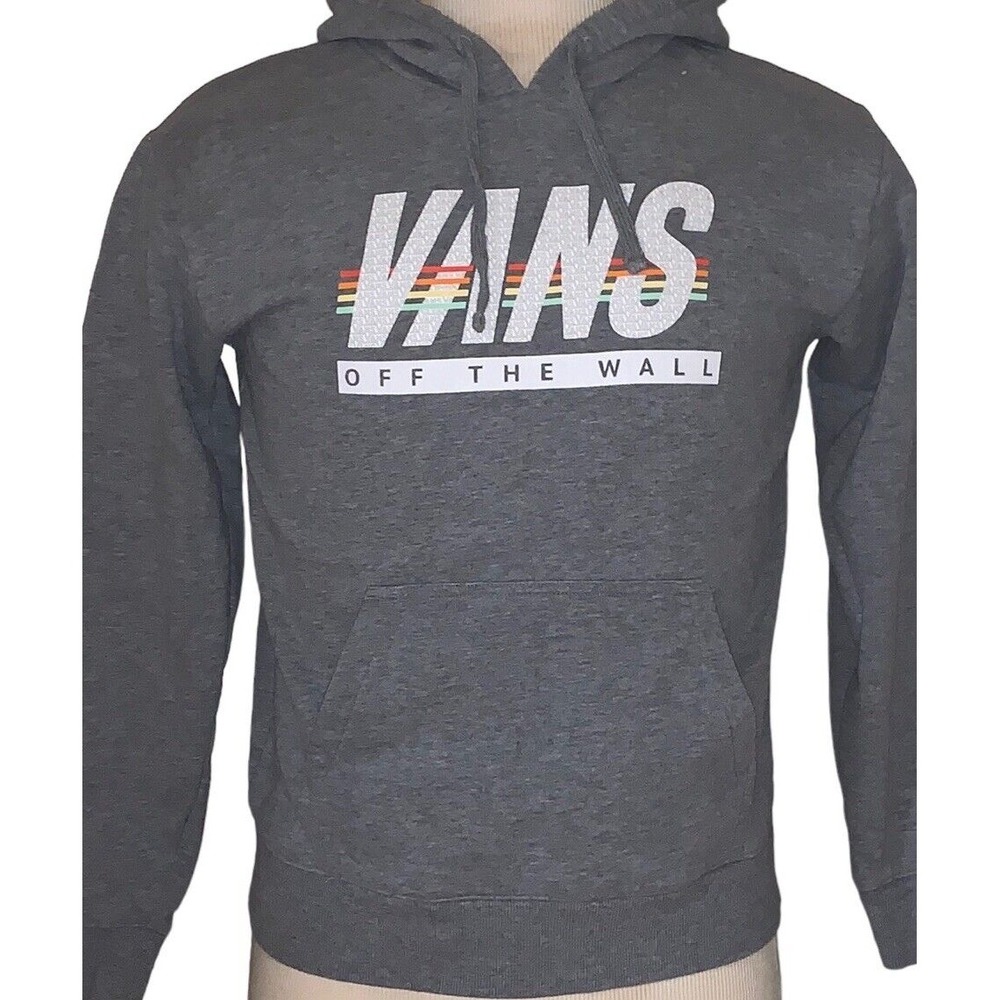 Vans Logo Drawstring Hoodie Off the Wall S Gray with Rainbow Multicolor Stripes‎